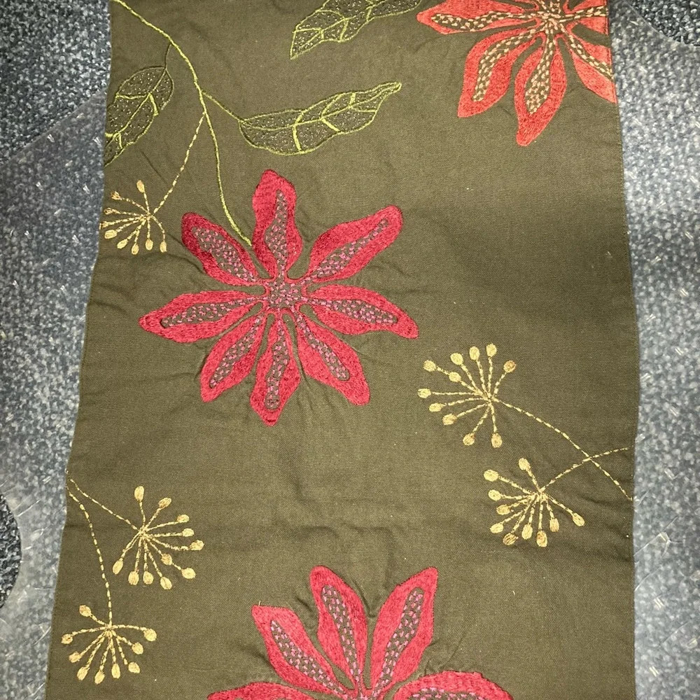 Crate & Barrel Kayla embroidered table runner gold green orange red flower 14x60